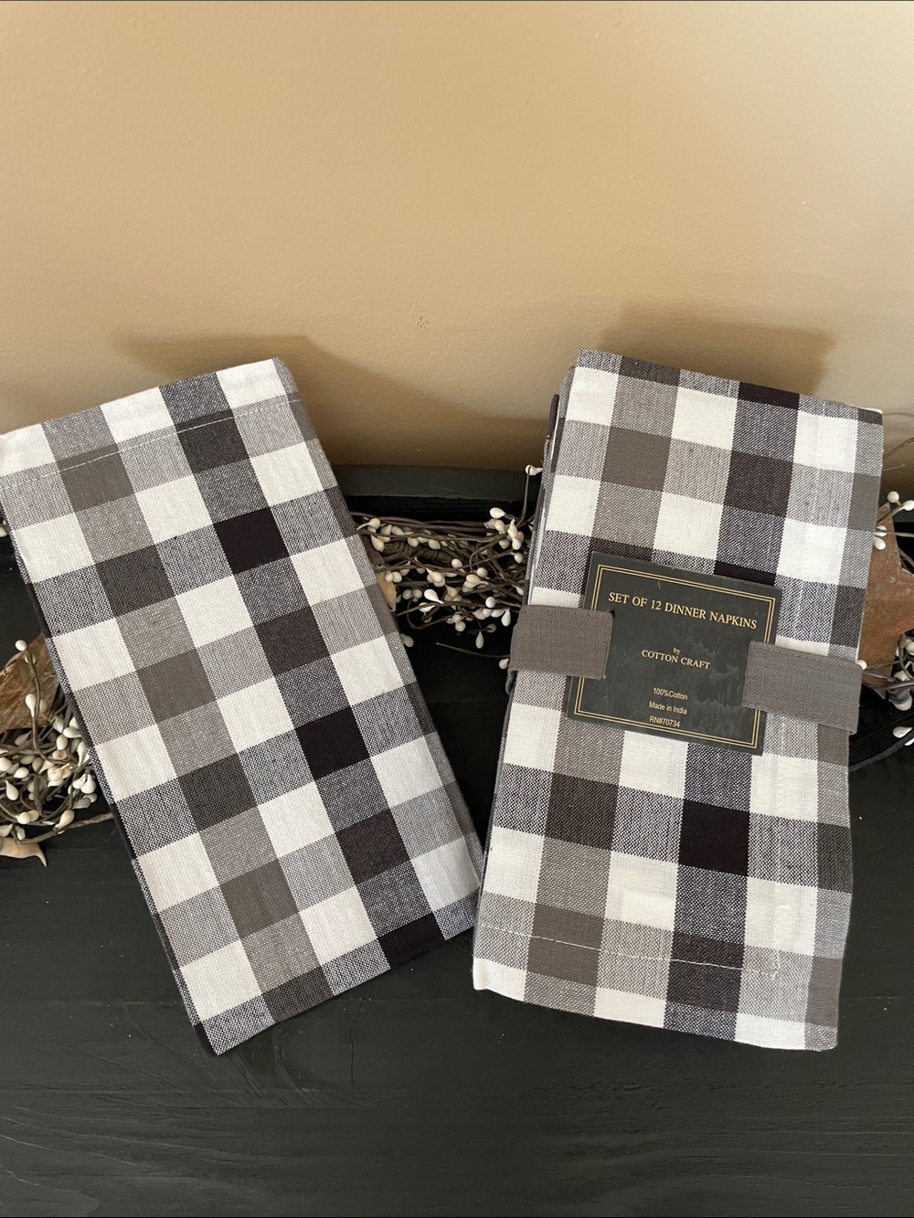 NWT Black, Gray and White Buffalo Check Dinner Napkins-Set of 12-20”x20”-Cotton